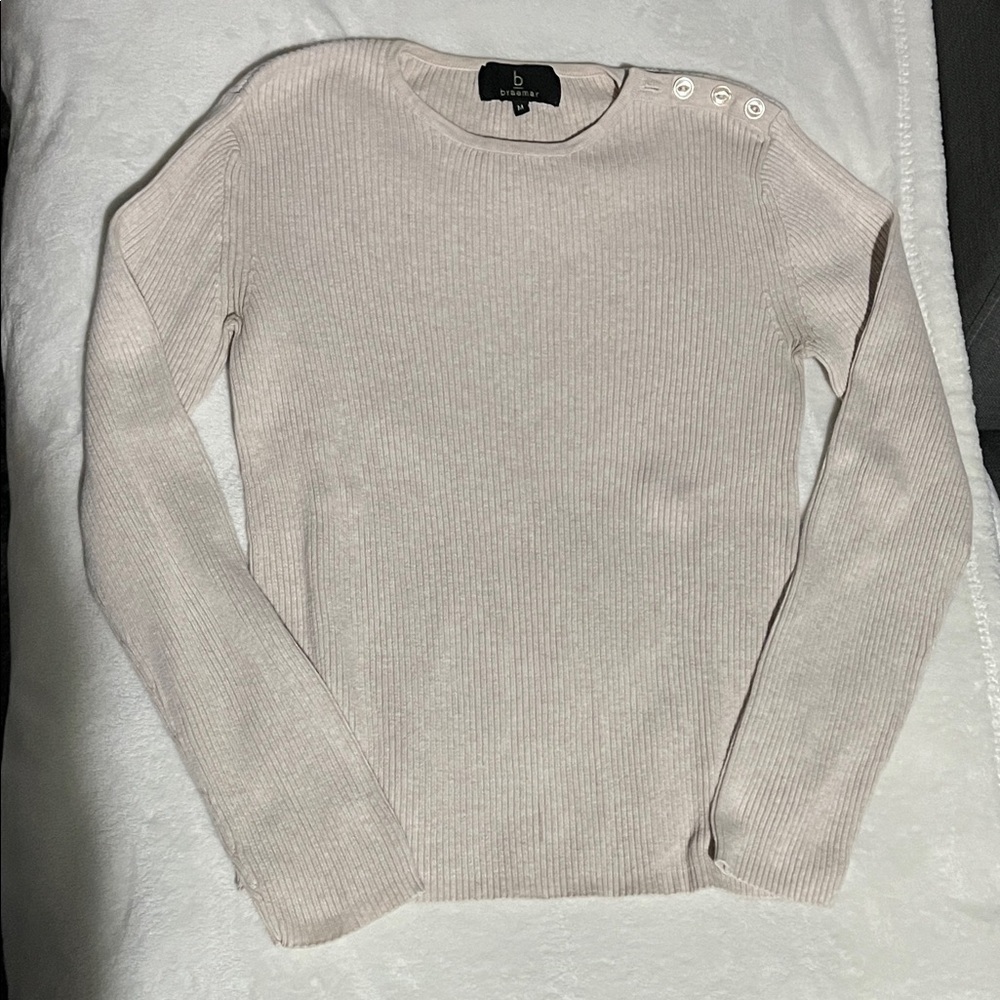 Braemar Neutral Ribbed Button-Shoulder Sweater